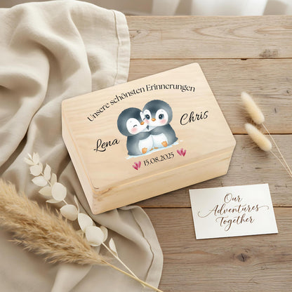 Personalisierte Erinnerungskiste Pinguine - Geschenk für Paare Valentinstag