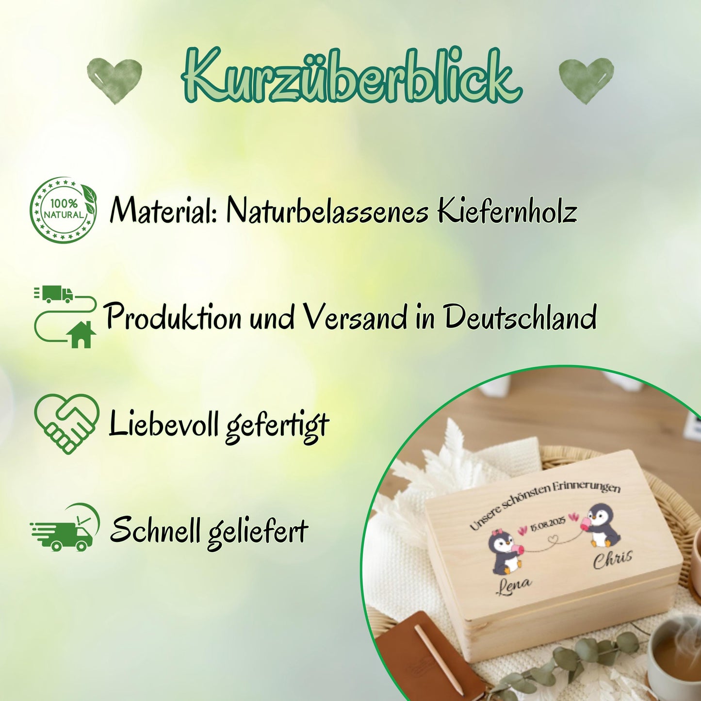 Erinnerungskiste für Paare personalisiert mit Pinguinen | Geschenk für Freundin & Partner