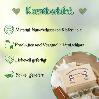 Erinnerungskiste für Paare personalisiert mit Pinguinen | Geschenk für Freundin & Partner