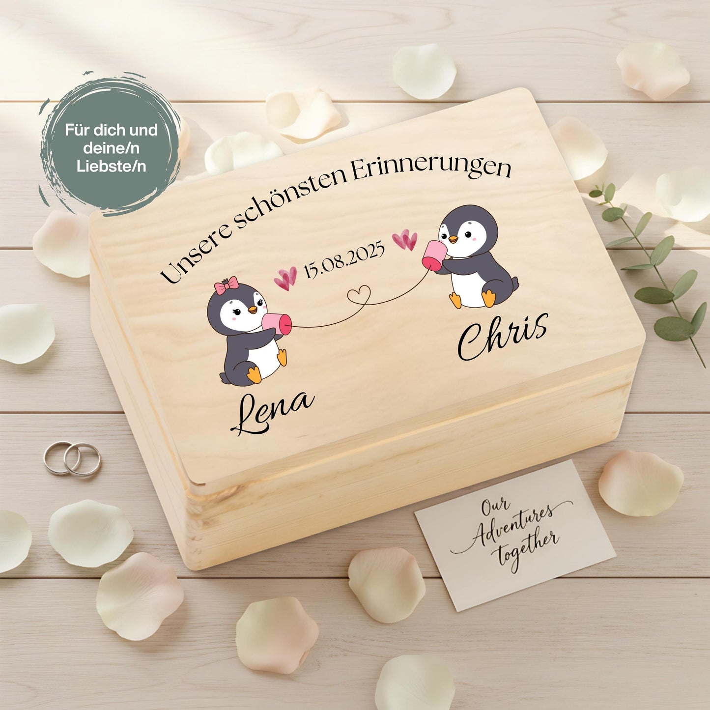 Erinnerungskiste für Paare personalisiert mit Pinguinen | Geschenk für Freundin & Partner