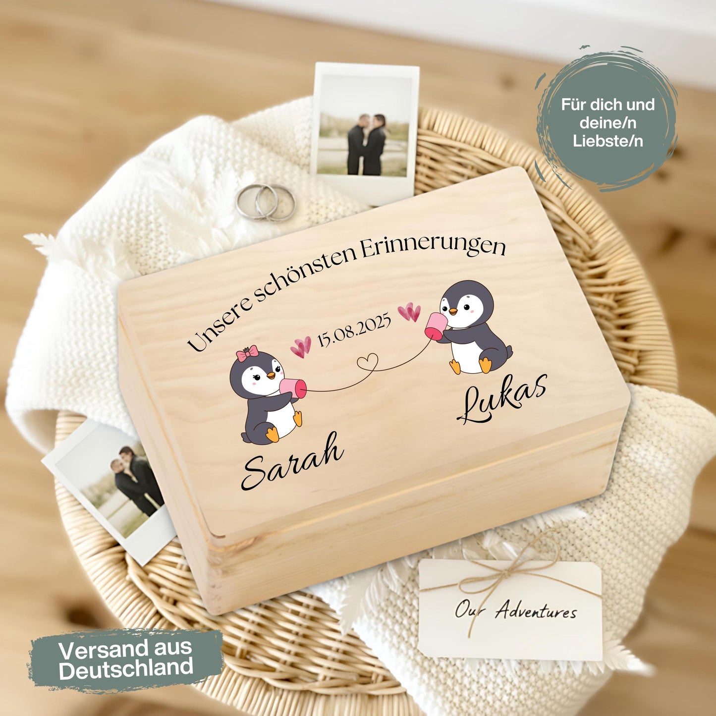 Erinnerungskiste für Paare personalisiert mit Pinguinen | Geschenk für Freundin & Partner