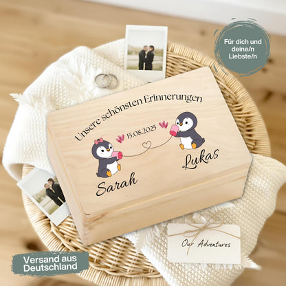 Erinnerungskiste für Paare personalisiert mit Pinguinen | Geschenk für Freundin & Partner