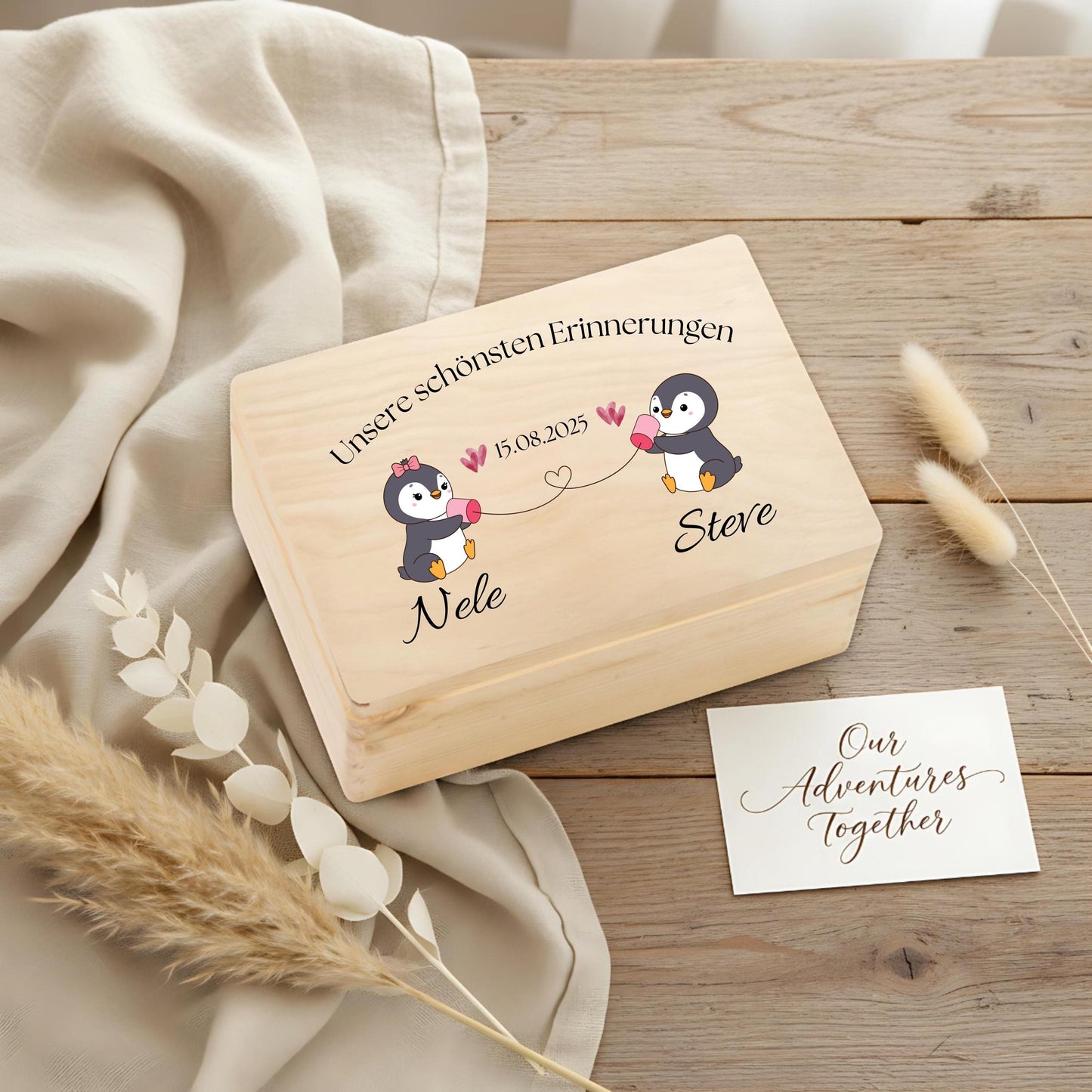 Erinnerungskiste für Paare personalisiert mit Pinguinen | Geschenk für Freundin & Partner