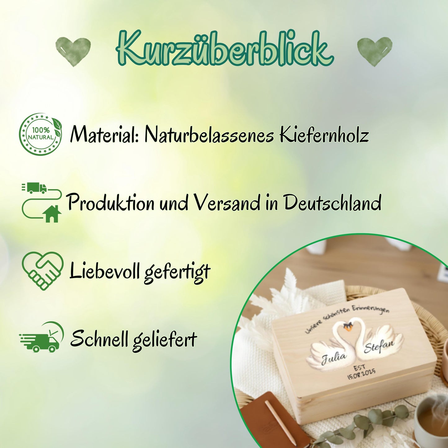 Erinnerungskiste personalisiert für Paare mit Schwänen | Geschenk zum Jahrestag