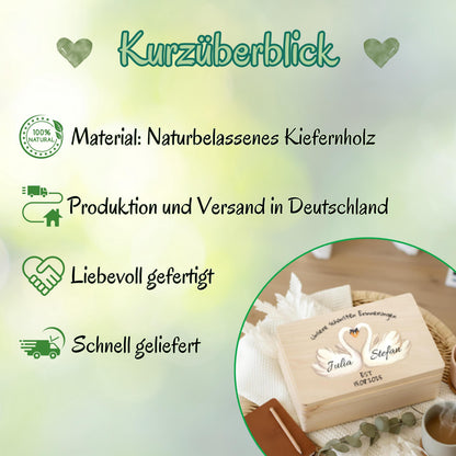 Erinnerungskiste personalisiert für Paare mit Schwänen | Geschenk zum Jahrestag