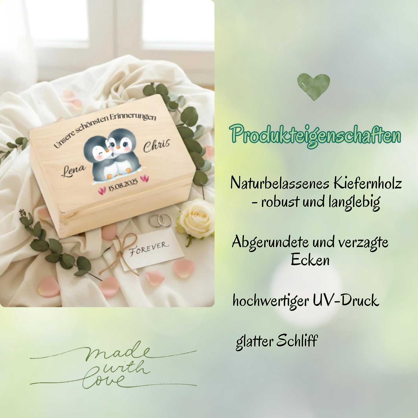 Personalisierte Erinnerungskiste Pinguine - Geschenk für Paare Valentinstag