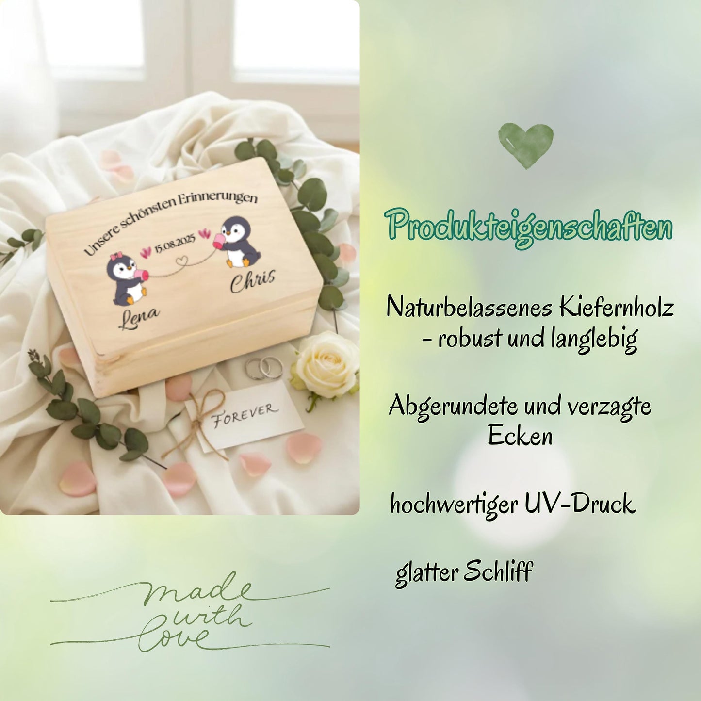 Erinnerungskiste für Paare personalisiert mit Pinguinen | Geschenk für Freundin & Partner