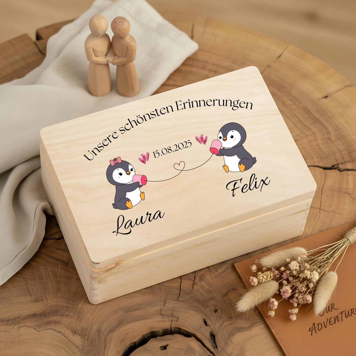 Erinnerungskiste für Paare personalisiert mit Pinguinen | Geschenk für Freundin & Partner
