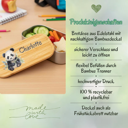 Personalisierte Brotdose Edelstahl Kinder mit Namen | Panda Lunchbox Kindergarten & Schule