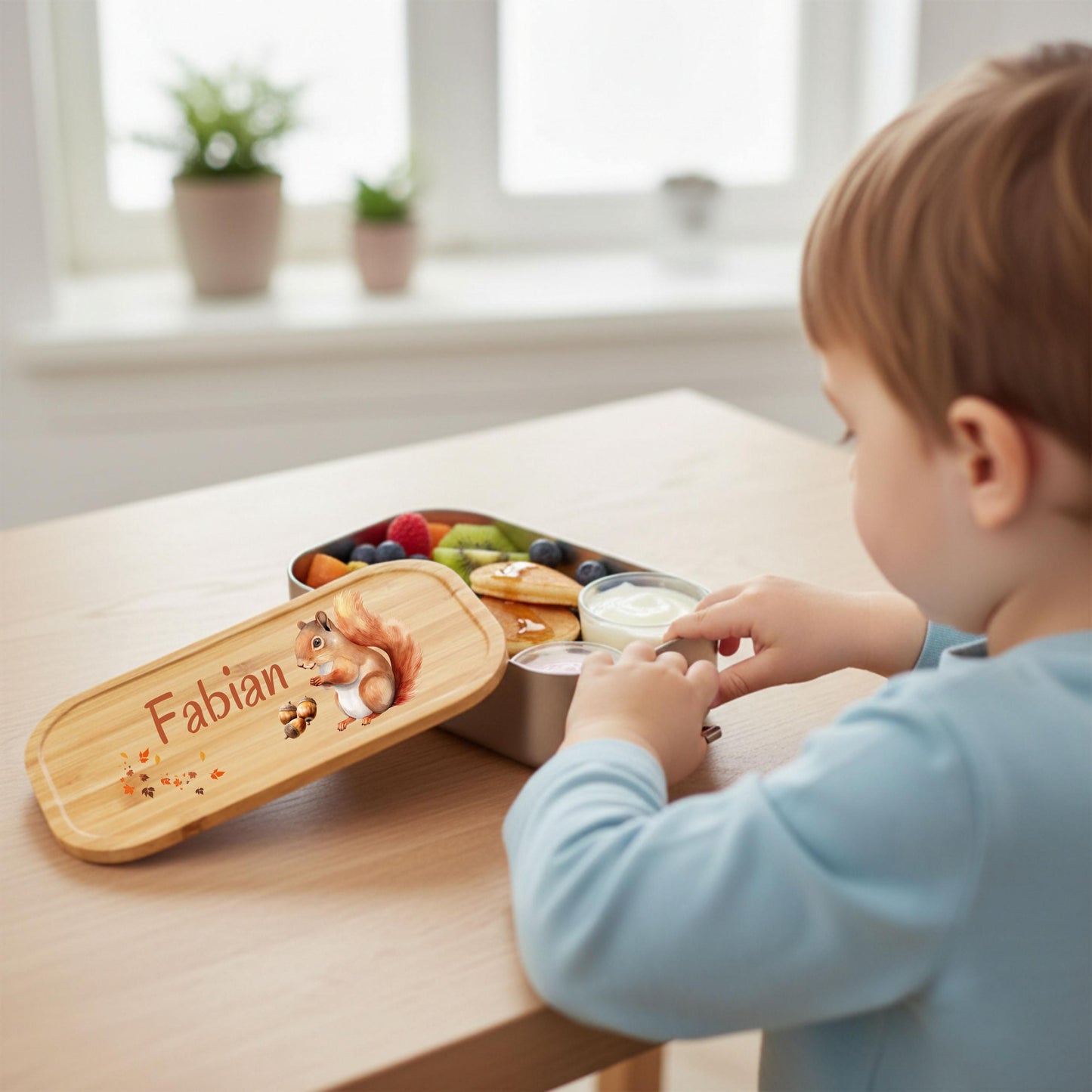 Personalisierte Brotdose Edelstahl Kinder mit Namen | Eichhörnchen Lunchbox Kindergarten & Schule
