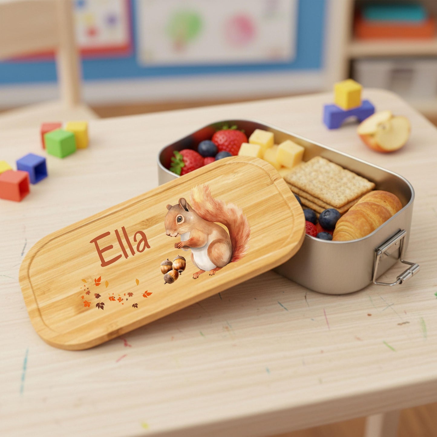 Personalisierte Brotdose Edelstahl Kinder mit Namen | Eichhörnchen Lunchbox Kindergarten & Schule