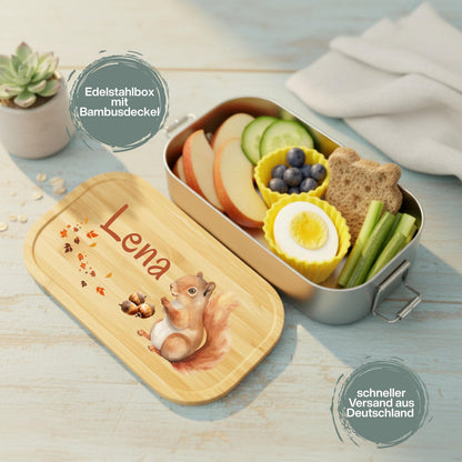 Personalisierte Brotdose Edelstahl Kinder mit Namen | Eichhörnchen Lunchbox Kindergarten & Schule