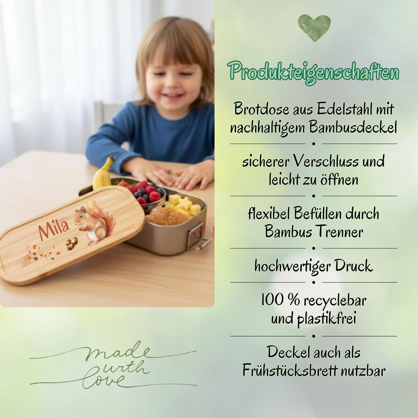Personalisierte Brotdose Edelstahl Kinder mit Namen | Eichhörnchen Lunchbox Kindergarten & Schule