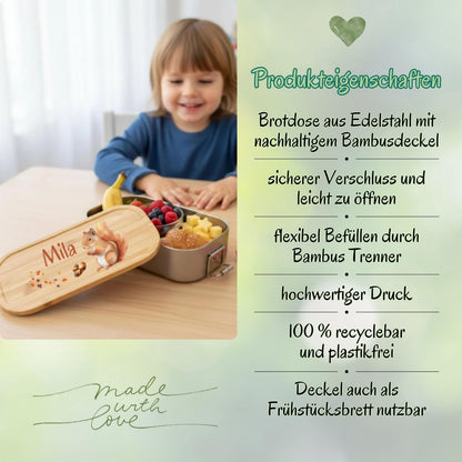Personalisierte Brotdose Edelstahl Kinder mit Namen | Eichhörnchen Lunchbox Kindergarten & Schule