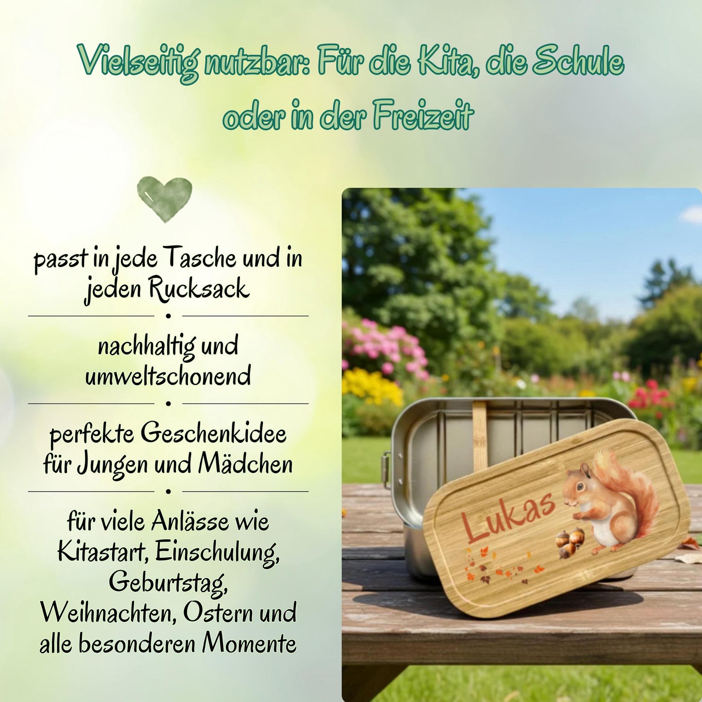 Personalisierte Brotdose Edelstahl Kinder mit Namen | Eichhörnchen Lunchbox Kindergarten & Schule