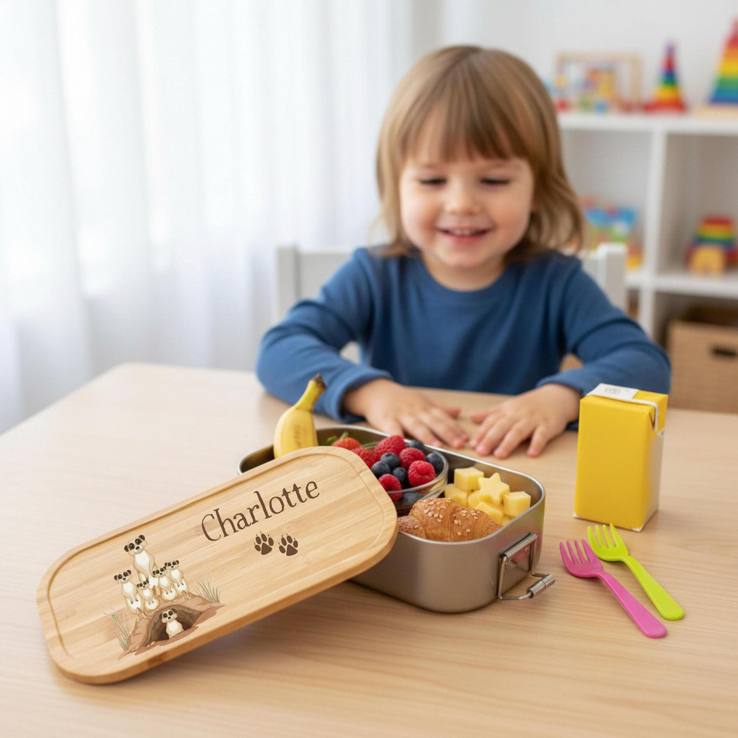 Personalisierte Brotdose Edelstahl Kinder mit Namen | Erdmännchen Lunchbox Kindergarten & Schule