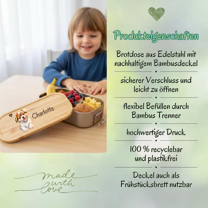 Personalisierte Brotdose Edelstahl Kinder mit Namen | Hund Lunchbox Kindergarten & Schule