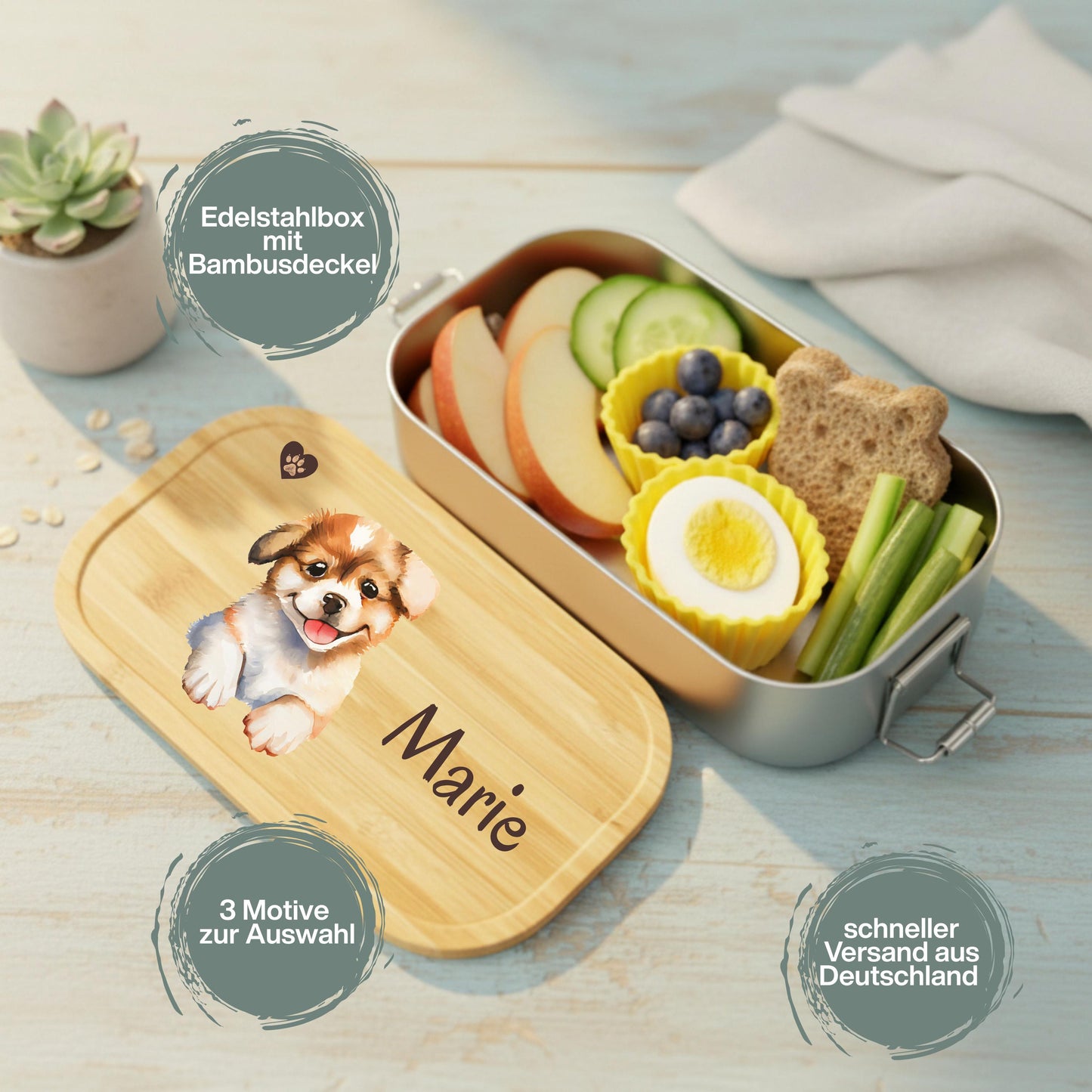 Personalisierte Brotdose Edelstahl Kinder mit Namen | Hund Lunchbox Kindergarten & Schule
