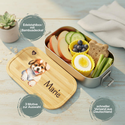 Personalisierte Brotdose Edelstahl Kinder mit Namen | Hund Lunchbox Kindergarten & Schule