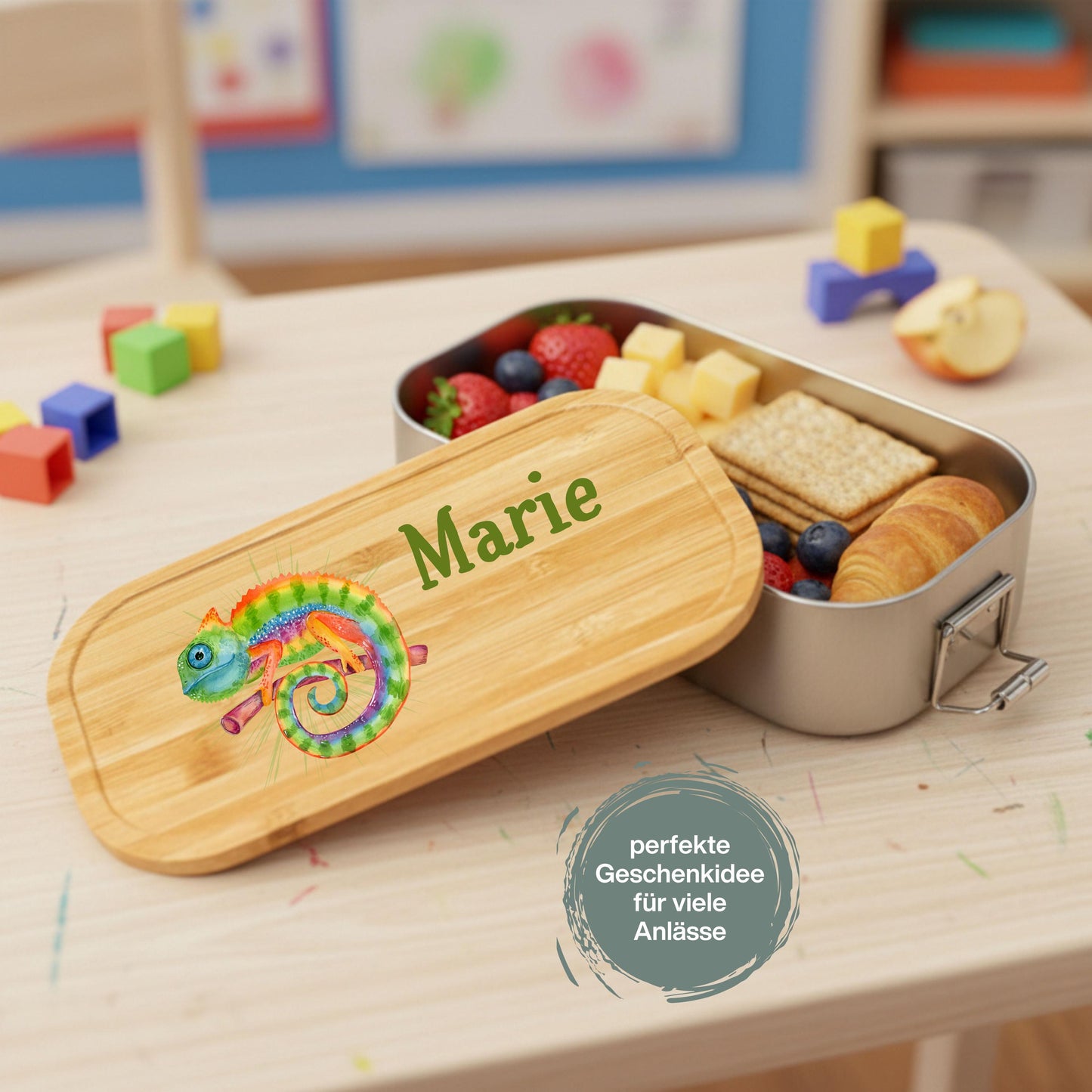 Personalisierte Brotdose Edelstahl Kinder mit Namen | Chamäleon Lunchbox Kindergarten & Schule