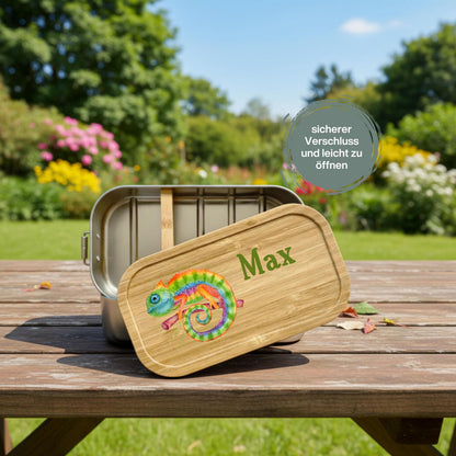 Personalisierte Brotdose Edelstahl Kinder mit Namen | Chamäleon Lunchbox Kindergarten & Schule