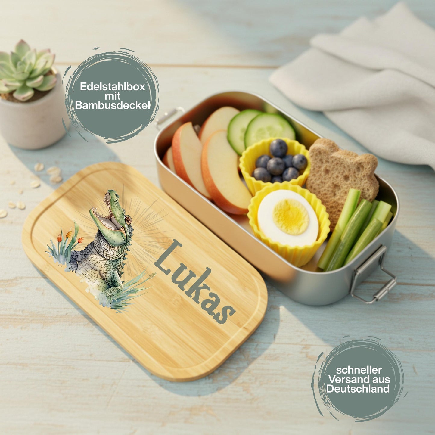 Personalisierte Brotdose Edelstahl Kinder mit Namen | Krokodil Lunchbox Kindergarten & Schule
