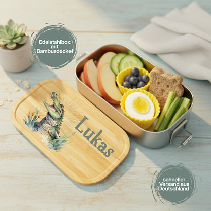 Personalisierte Brotdose Edelstahl Kinder mit Namen | Krokodil Lunchbox Kindergarten & Schule