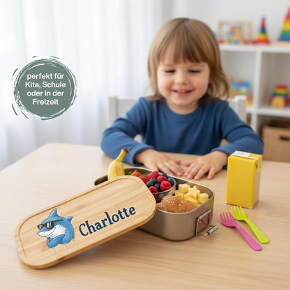 Personalisierte Brotdose Edelstahl Kinder mit Namen | Hai Lunchbox Kindergarten & Schule