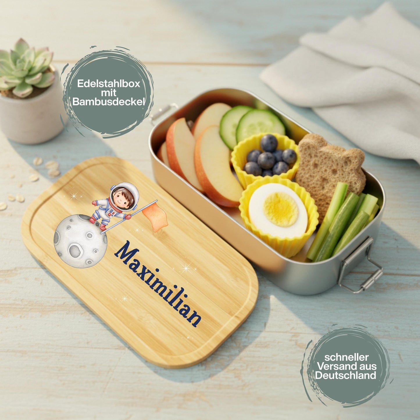 Personalisierte Brotdose Edelstahl Kinder mit Namen | Astronaut Lunchbox Kindergarten & Schule