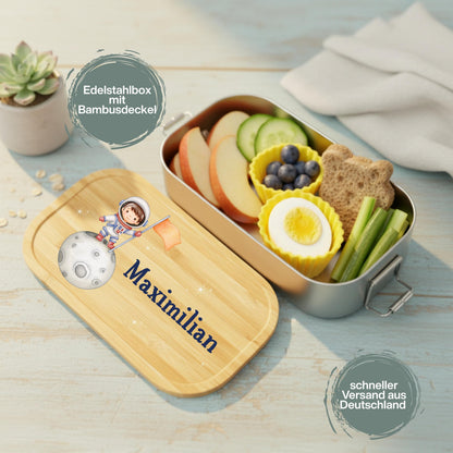 Personalisierte Brotdose Edelstahl Kinder mit Namen | Astronaut Lunchbox Kindergarten & Schule