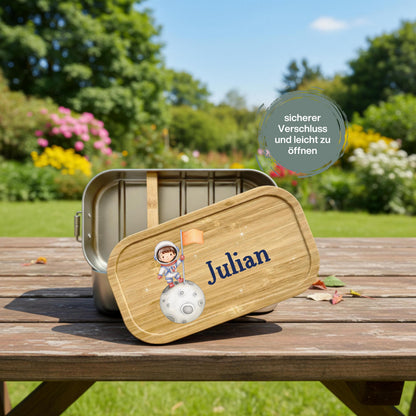 Personalisierte Brotdose Edelstahl Kinder mit Namen | Astronaut Lunchbox Kindergarten & Schule