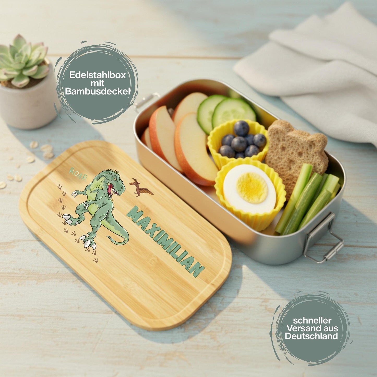 Personalisierte Brotdose Edelstahl Kinder mit Namen | Dinosaurier Lunchbox Kindergarten & Schule