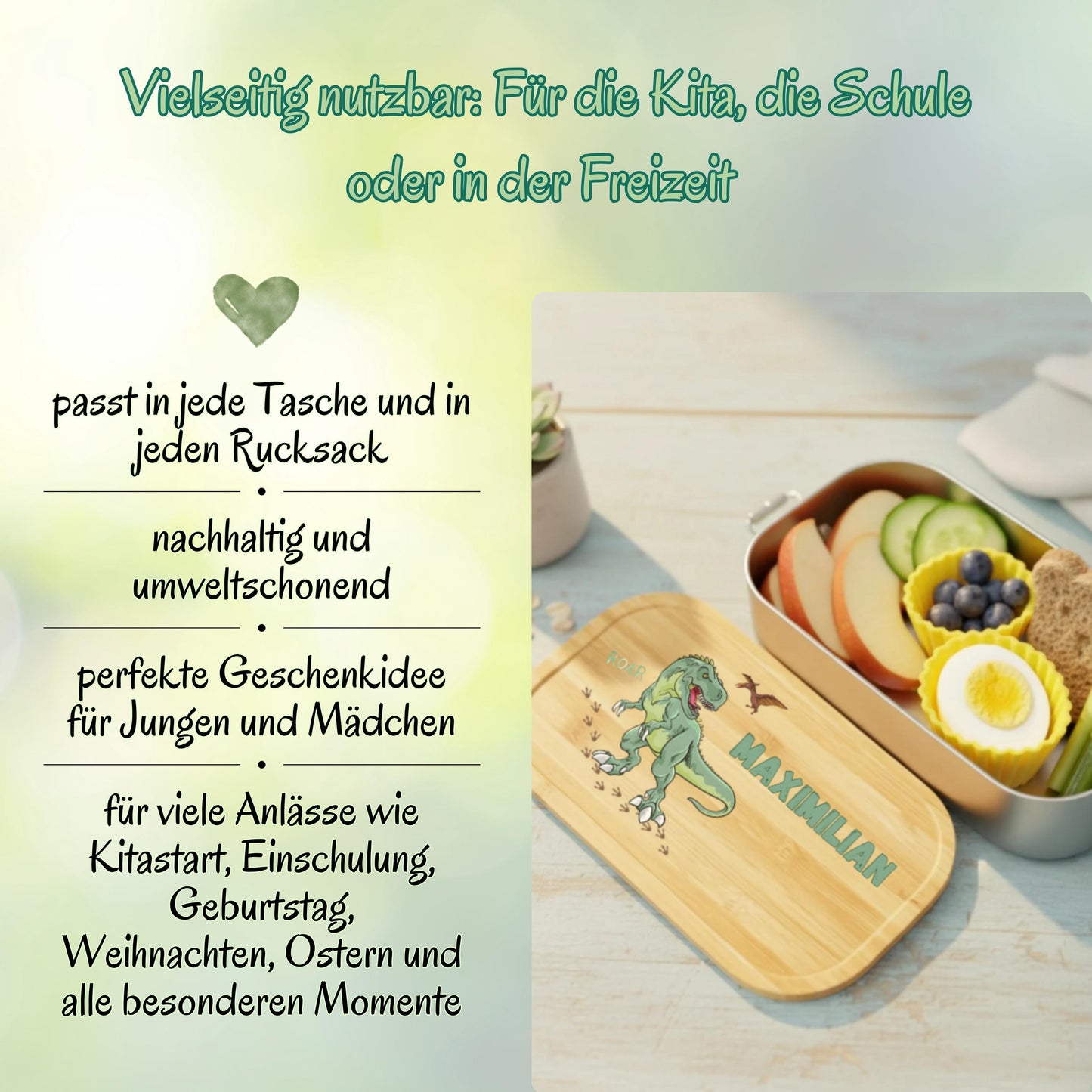Personalisierte Brotdose Edelstahl Kinder mit Namen | Dinosaurier Lunchbox Kindergarten & Schule