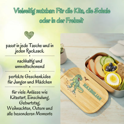 Personalisierte Brotdose Edelstahl Kinder mit Namen | Dinosaurier Lunchbox Kindergarten & Schule