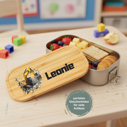 Personalisierte Brotdose Edelstahl Kinder mit Namen | Bagger Lunchbox Kindergarten & Schule