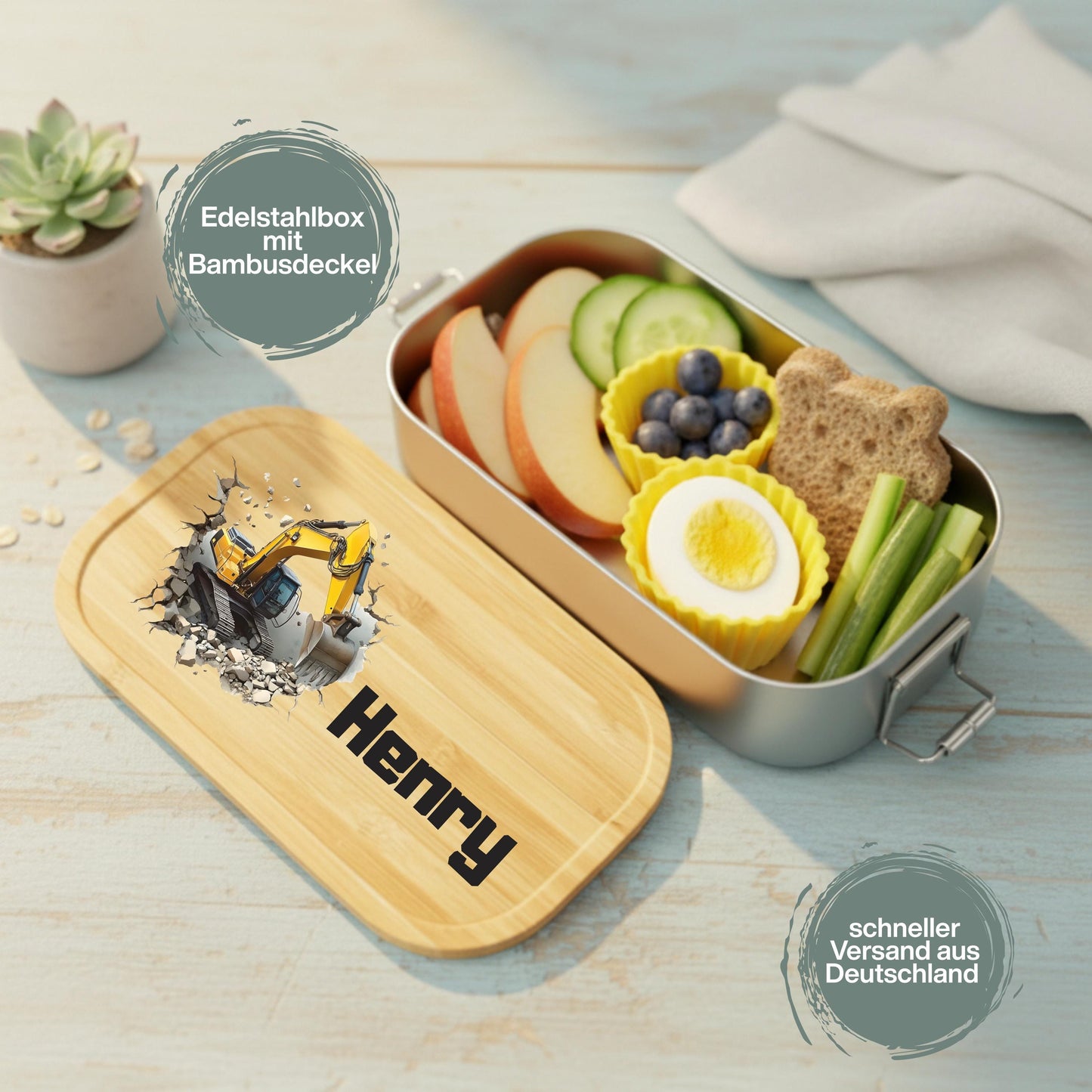 Personalisierte Brotdose Edelstahl Kinder mit Namen | Bagger Lunchbox Kindergarten & Schule