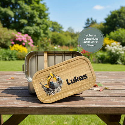 Personalisierte Brotdose Edelstahl Kinder mit Namen | Bagger Lunchbox Kindergarten & Schule
