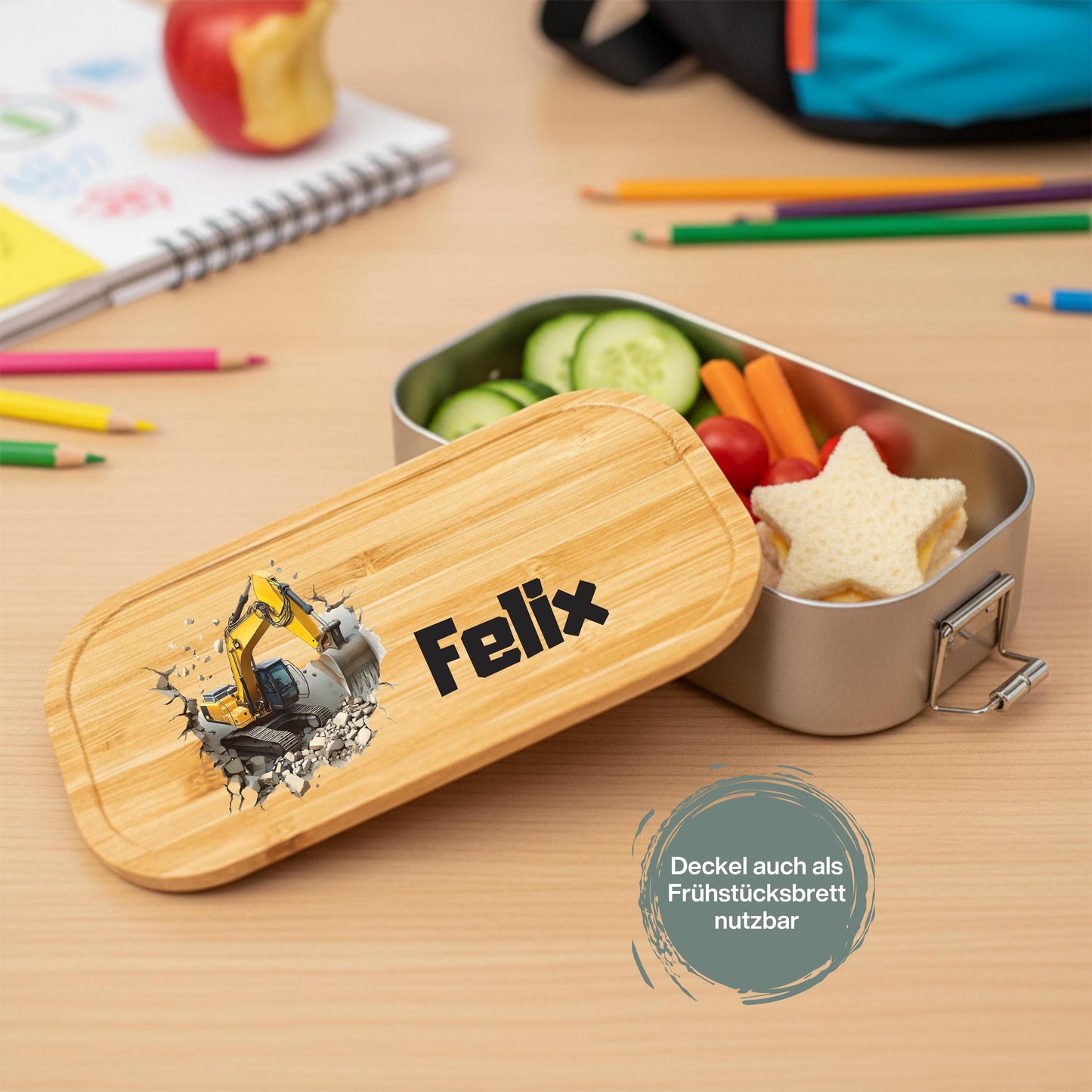 Personalisierte Brotdose Edelstahl Kinder mit Namen | Bagger Lunchbox Kindergarten & Schule