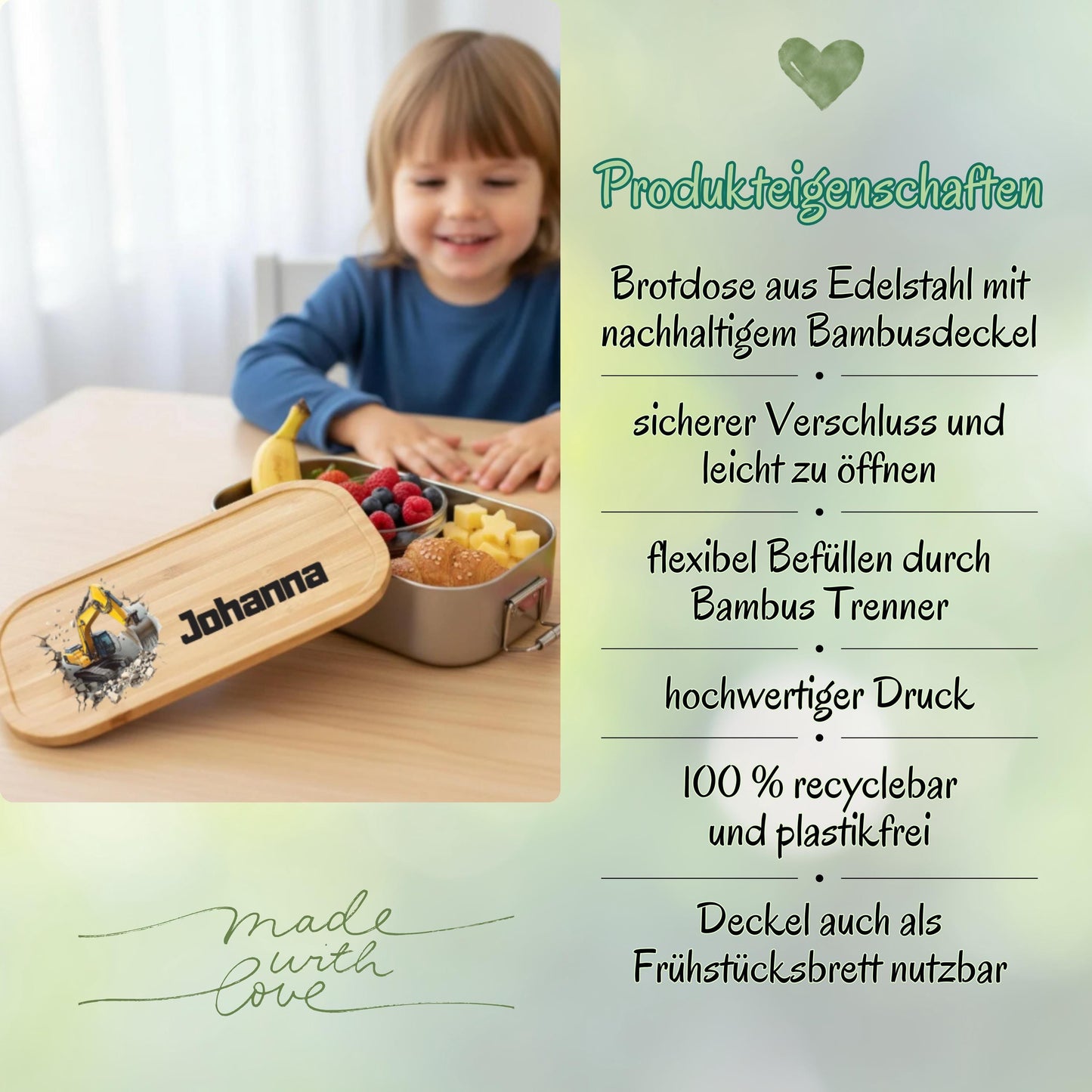 Personalisierte Brotdose Edelstahl Kinder mit Namen | Bagger Lunchbox Kindergarten & Schule