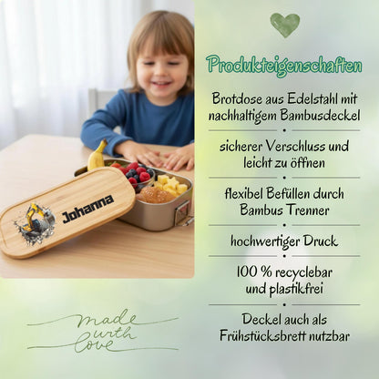 Personalisierte Brotdose Edelstahl Kinder mit Namen | Bagger Lunchbox Kindergarten & Schule