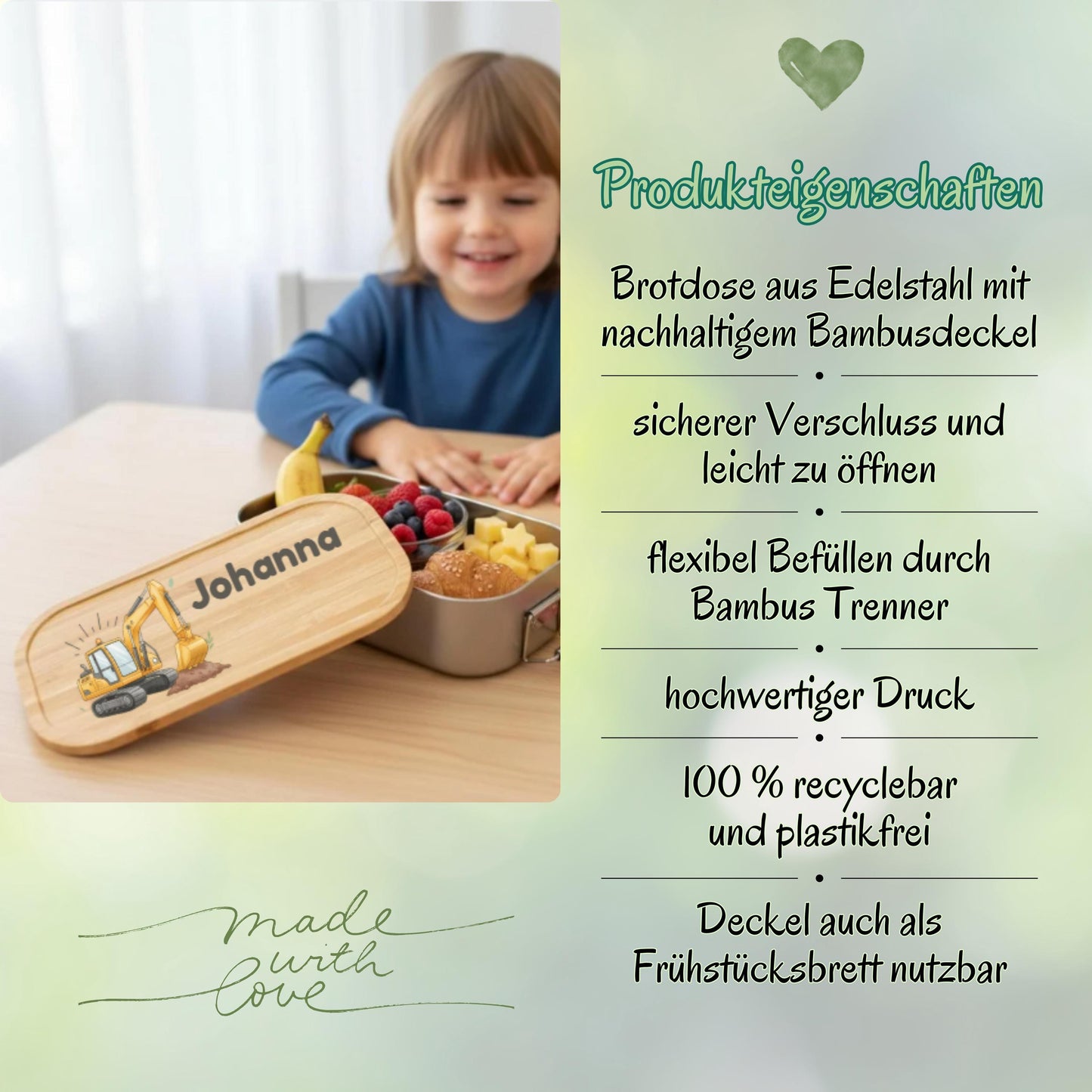 Personalisierte Brotdose Edelstahl Kinder mit Namen | Bagger Lunchbox personalisiert