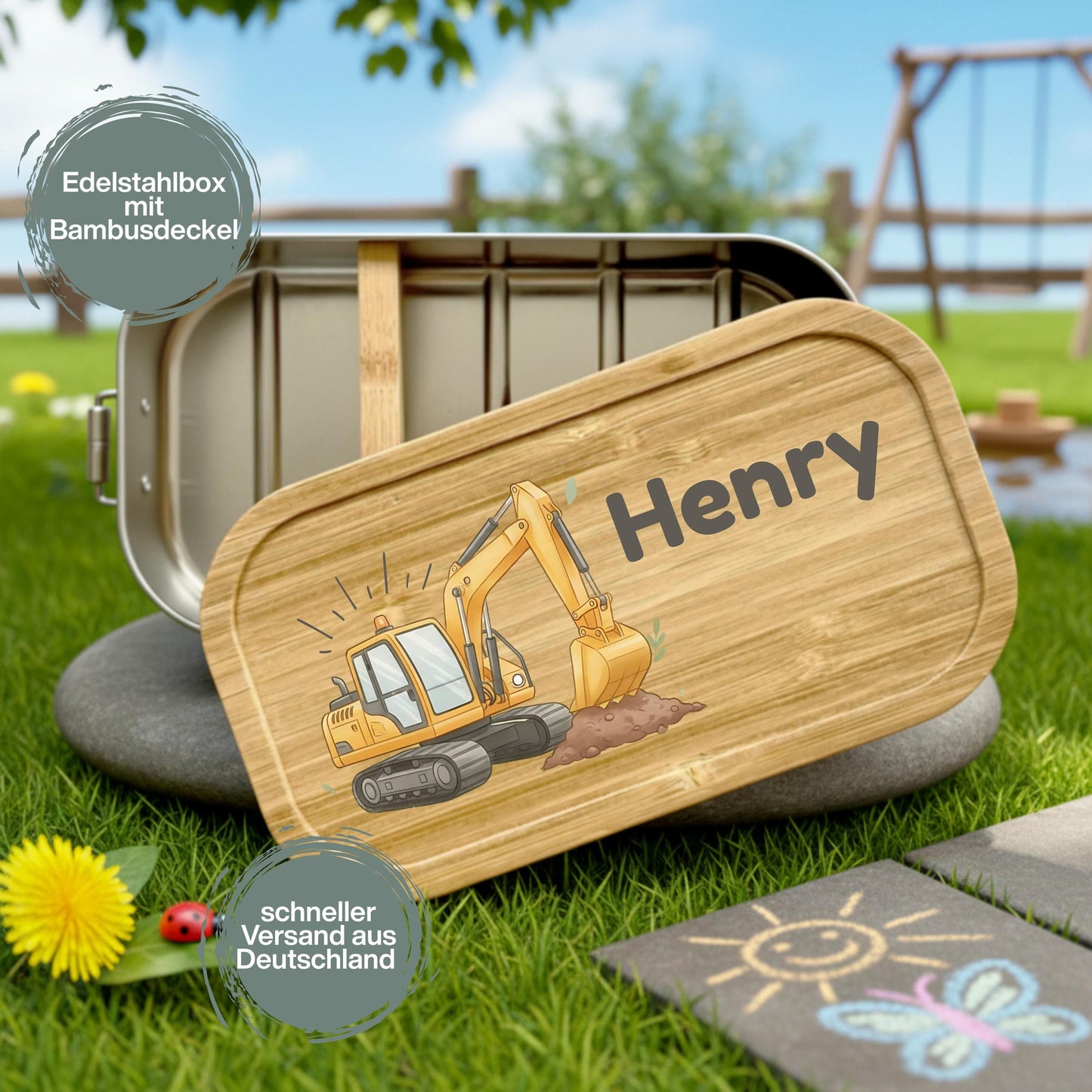 Personalisierte Brotdose Edelstahl Kinder mit Namen | Bagger Lunchbox personalisiert