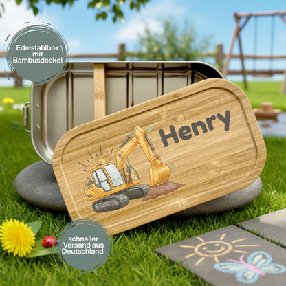 Personalisierte Brotdose Edelstahl Kinder mit Namen | Bagger Lunchbox personalisiert