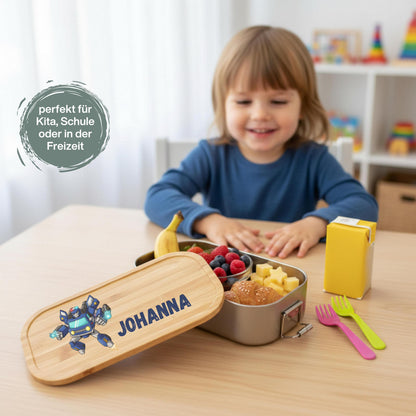 Personalisierte Brotdose Edelstahl Kinder mit Namen | Roboter & Polizei Lunchbox Kindergarten & Schule