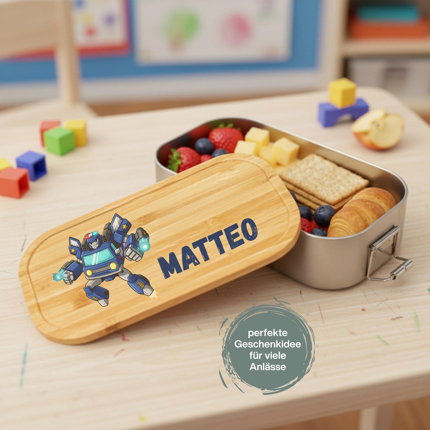 Personalisierte Brotdose Edelstahl Kinder mit Namen | Roboter & Polizei Lunchbox Kindergarten & Schule