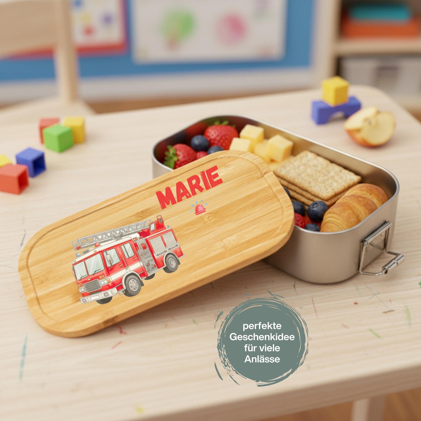 Personalisierte Brotdose Edelstahl Kinder mit Namen | Feuerwehr Lunchbox Kindergarten & Schule