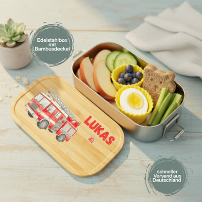 Personalisierte Brotdose Edelstahl Kinder mit Namen | Feuerwehr Lunchbox Kindergarten & Schule