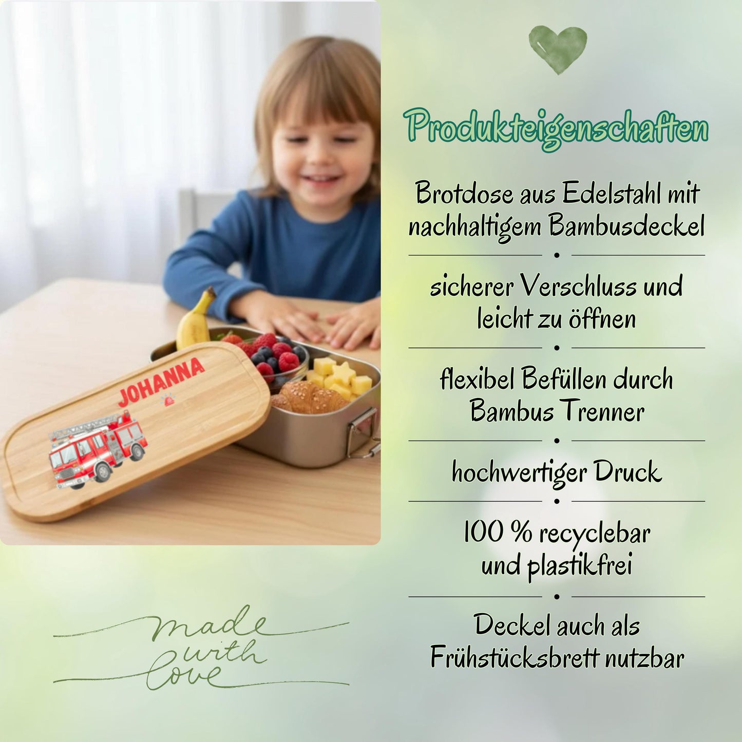 Personalisierte Brotdose Edelstahl Kinder mit Namen | Feuerwehr Lunchbox Kindergarten & Schule