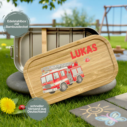 Personalisierte Brotdose Edelstahl Kinder mit Namen | Feuerwehr Lunchbox Kindergarten & Schule