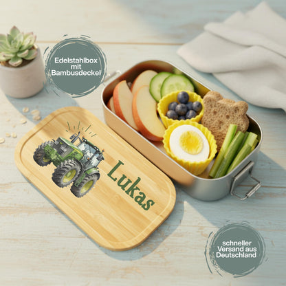 Personalisierte Brotdose Edelstahl Kinder mit Namen | Traktor Lunchbox Kindergarten & Schule